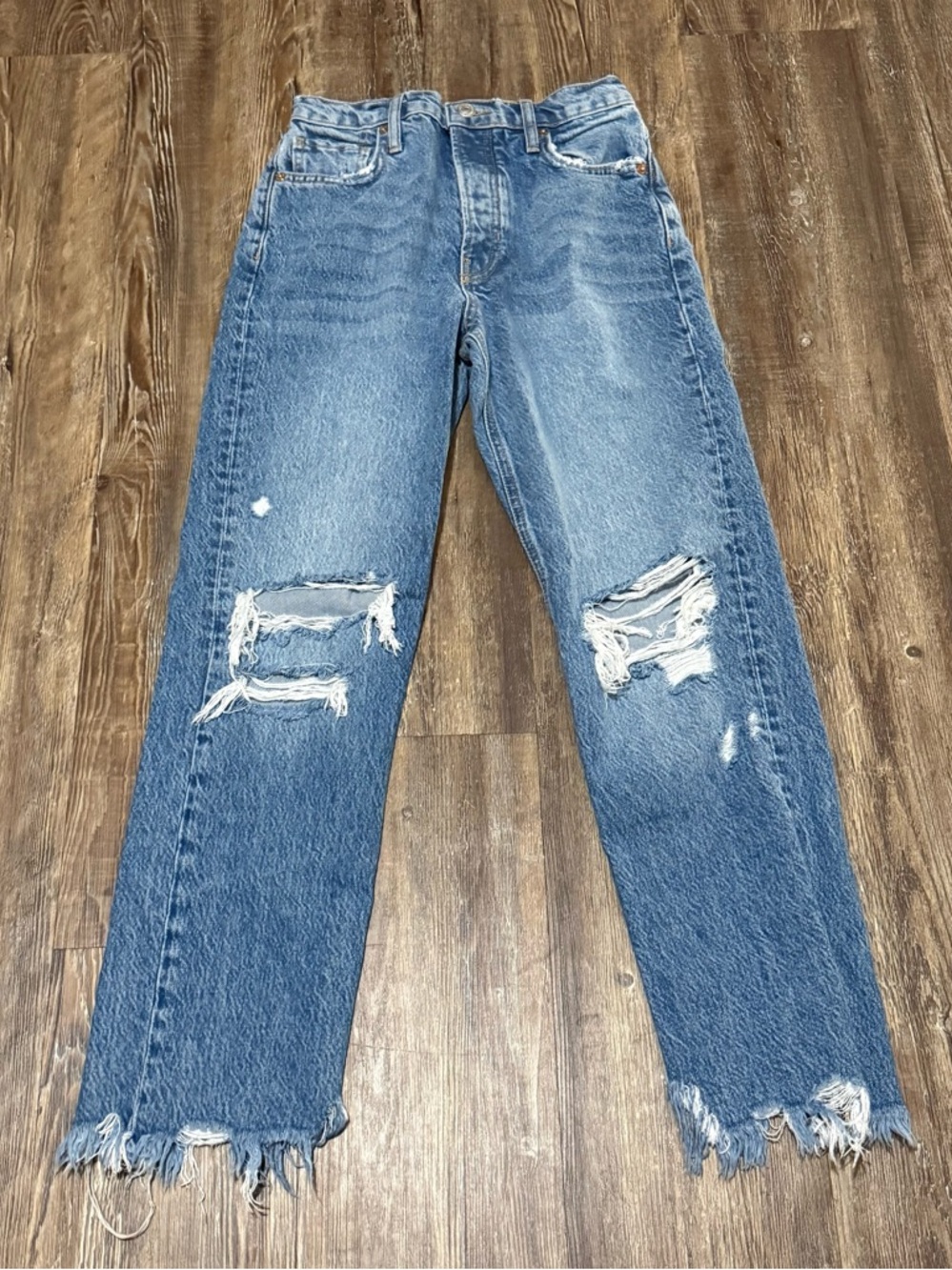 We The Free Straight Ankle Jeans Women's 24 Button Fly Frayed Hem Destroyed